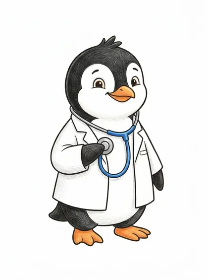흰 배경의 귀여운 소아과 의사 펭귄 컬러 완성 참고 PNG