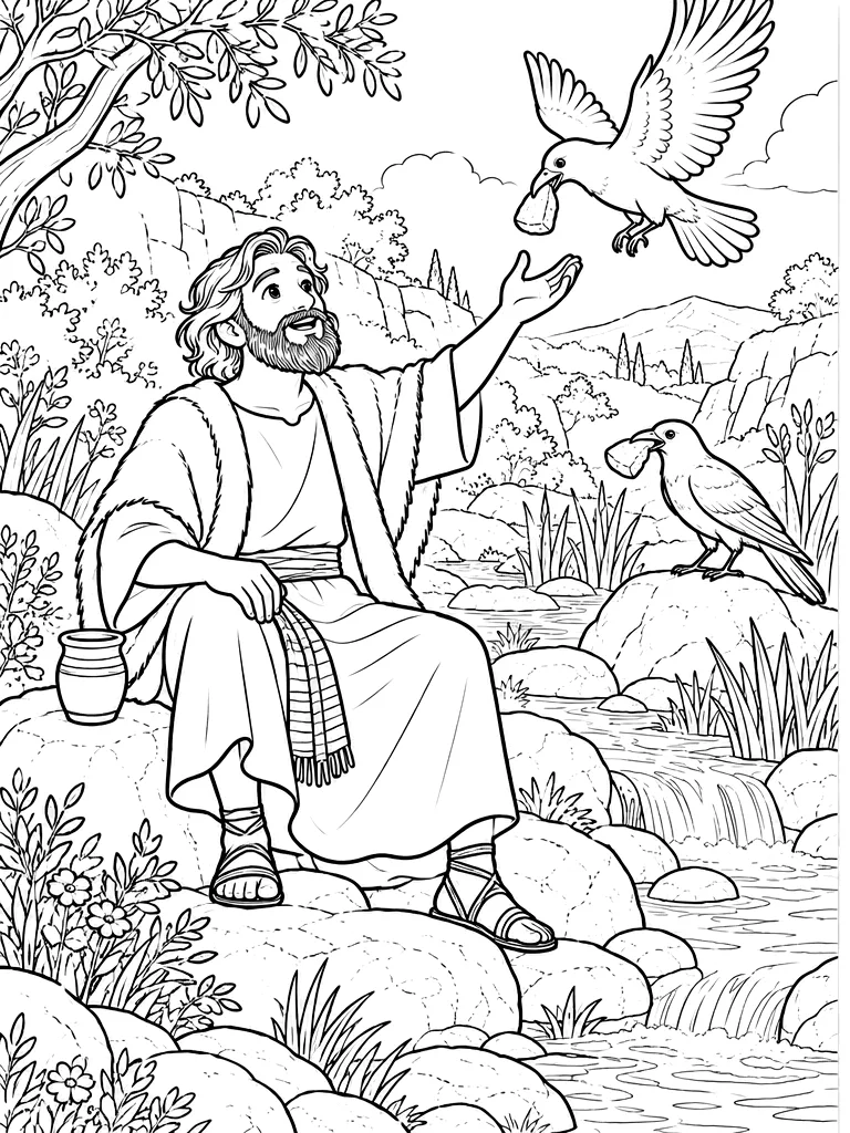 Paired Bible coloring image of Elijah receiving bread from ravens beside Brook Cherith, with line art on the left and a matching colored scene on the right