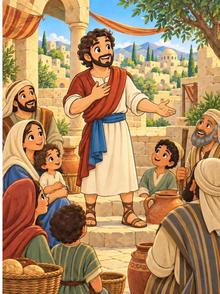 Paired Bible coloring image of Peter speaking warmly to families in a Jerusalem courtyard, with line art on the left and a matching colored scene on the right
