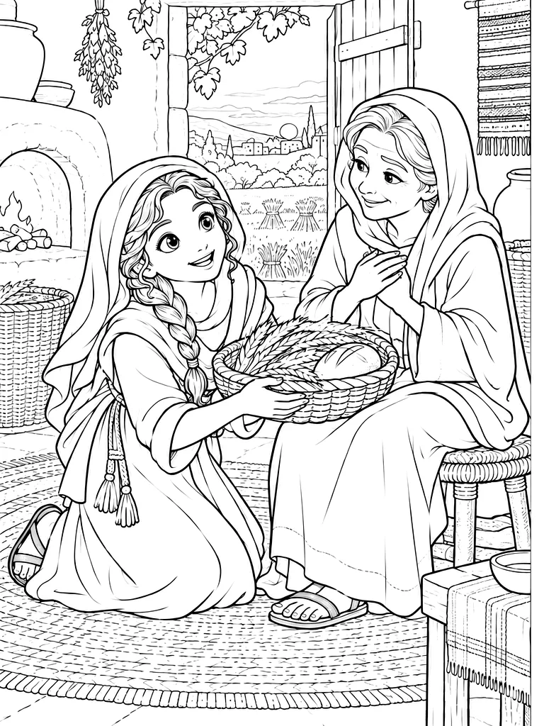 왼쪽 흑백 도안과 오른쪽 컬러 장면으로 표현한 룻의 집에서 나오미와 보리와 빵을 나누는 성경 인물 이미지