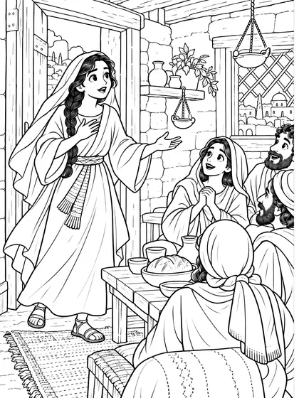 왼쪽 흑백 도안과 오른쪽 컬러 장면으로 표현한 마리아 막달레나의 다락방의 친구들에게 기쁜 소식을 전하는 성경 인물 이미지