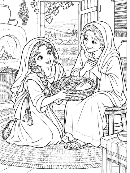 왼쪽 흑백 도안과 오른쪽 컬러 장면으로 표현한 룻의 집에서 나오미와 보리와 빵을 나누는 성경 인물 이미지