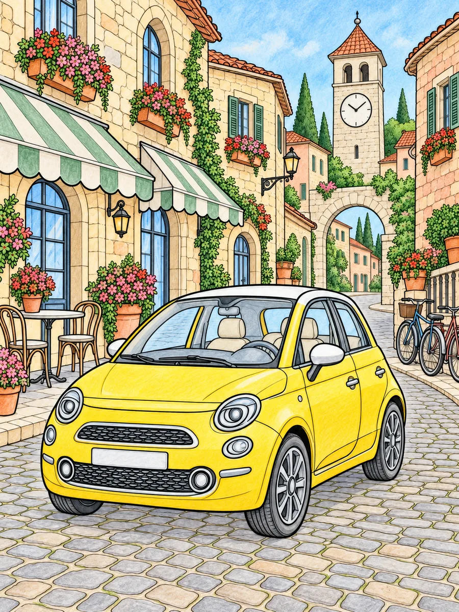 Colored-pencil reference of a compact car in an old town