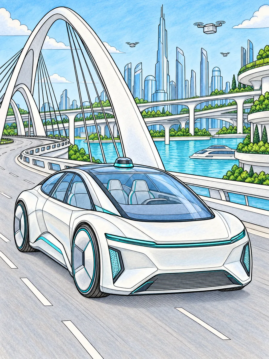 Colored-pencil reference of a self-driving concept car on a futuristic bridge