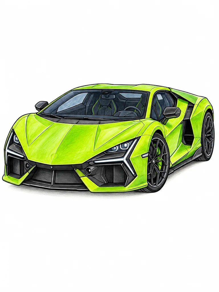 Lamborghini Revuelto colored-pencil supercar coloring reference