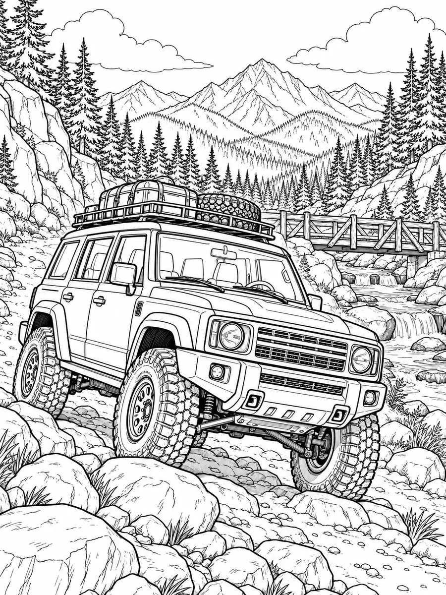 Black-and-white coloring page of an off-road suv on a mountain trail