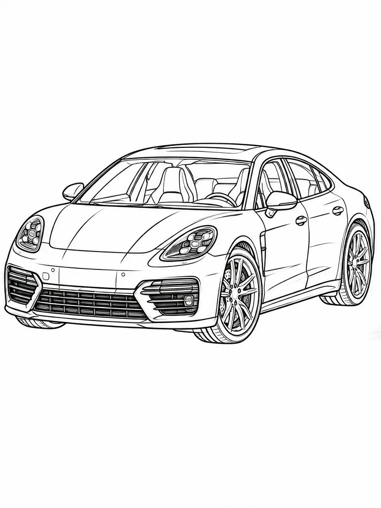Black-and-white Porsche Panamera Turbo E-Hybrid printable car coloring page line art