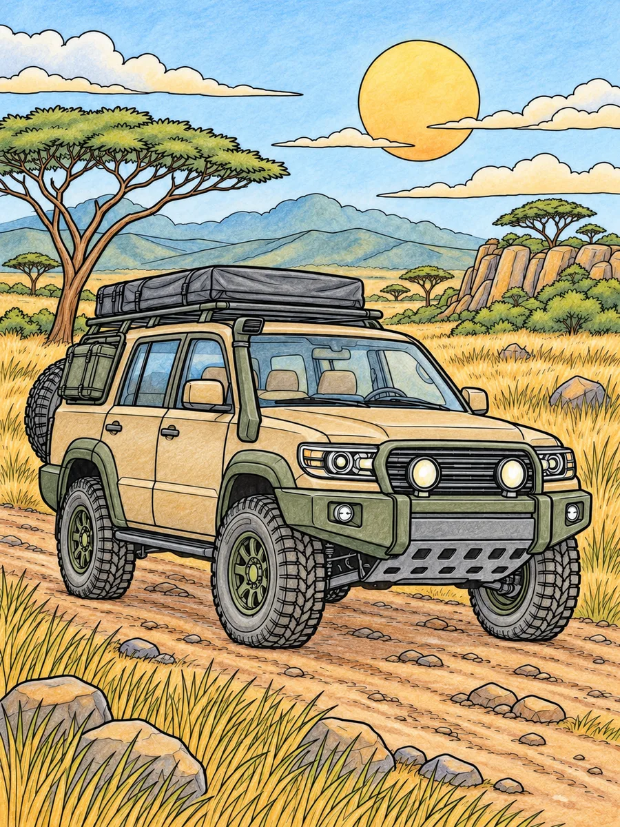 Colored-pencil reference of a safari suv on the savanna
