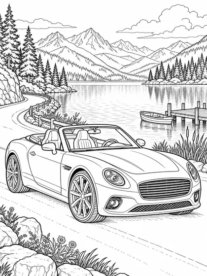 Black-and-white coloring page of a convertible on a lakeside road