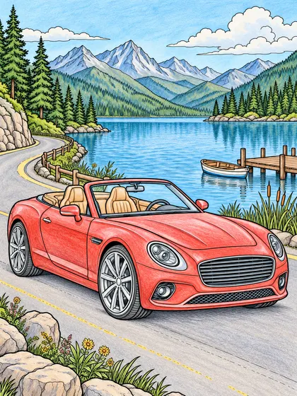 Colored-pencil reference of a convertible on a lakeside road