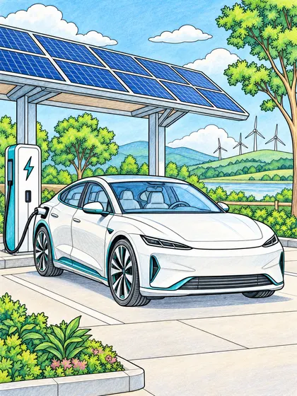 Colored-pencil reference of an electric car at a solar charging station