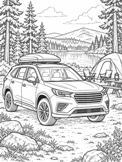 숲속 캠핑장 풍경 속 패밀리 SUV 흑백 자동차 색칠공부 선화