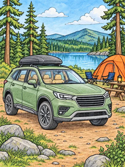 Colored-pencil reference of a family suv at a forest campsite
