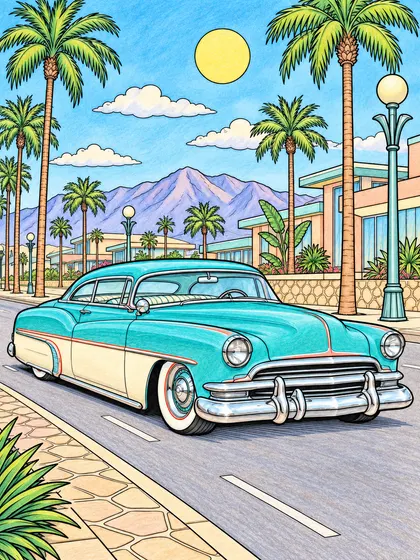 Colored-pencil reference of a classic lowrider on a palm-lined boulevard
