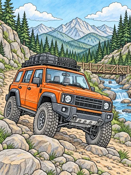 산악 트레일 배경의 오프로드 SUV 색연필 컬러 참고본