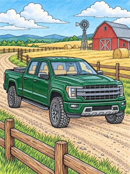Colored-pencil reference of a pickup truck on a ranch road