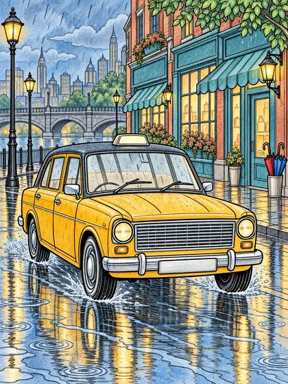 Colored-pencil reference of a retro taxi in a rainy city