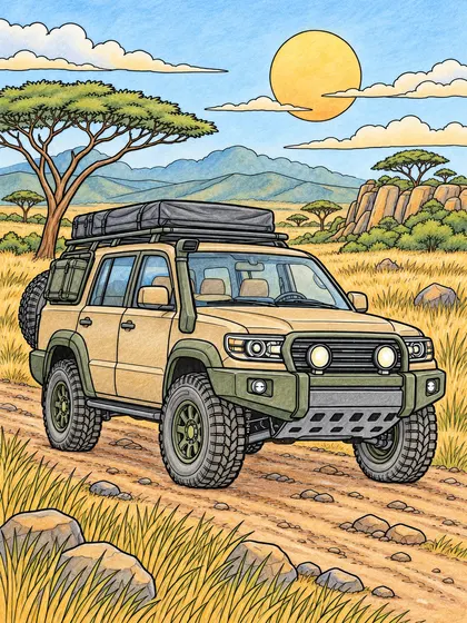 Colored-pencil reference of a safari suv on the savanna
