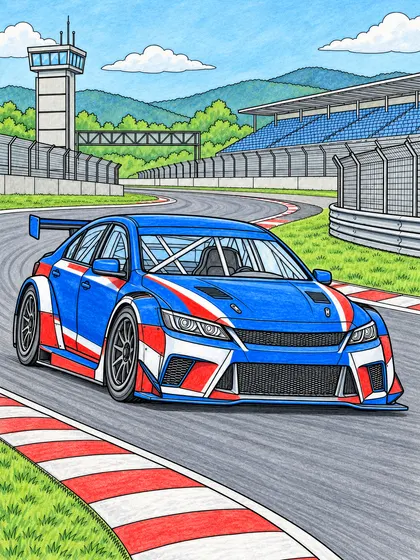Colored-pencil reference of a touring race car on a race circuit