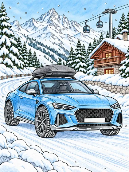 Colored-pencil reference of a winter sports coupe on a snowy alpine pass