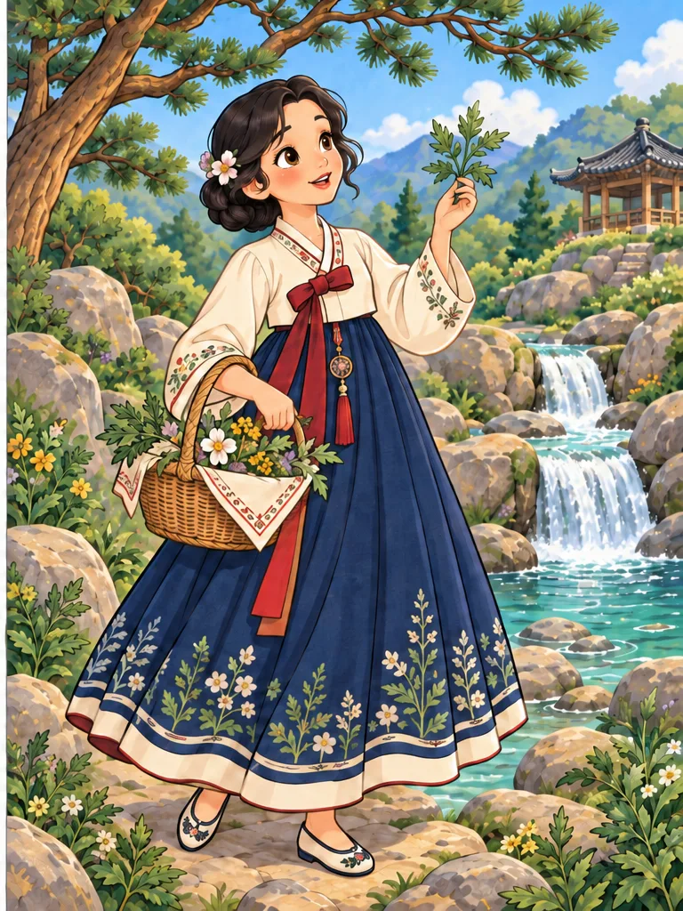 신비로운 약초 정원과 맑은 샘 궁전을 배경으로 한 치유의 숲 봄빛 공주 컬러 참고본
