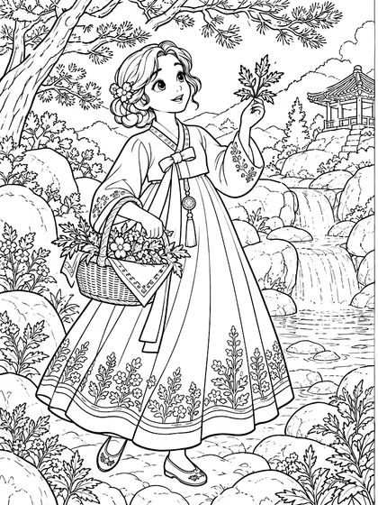 Black-and-white coloring line art of Healing Garden Princess with mountain herbs and clear spring palace