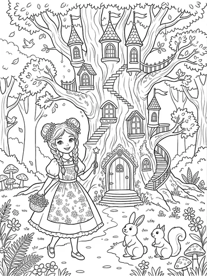 Black-and-white coloring line art of Princess Bella with enchanted tree castle and friendly animals