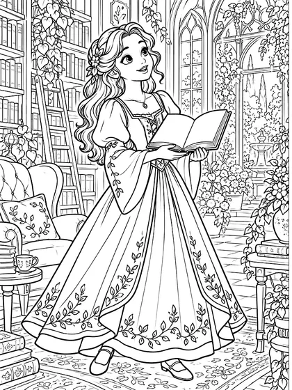 Black-and-white coloring line art of Library Garden Princess with rose arch and magical storybook library palace
