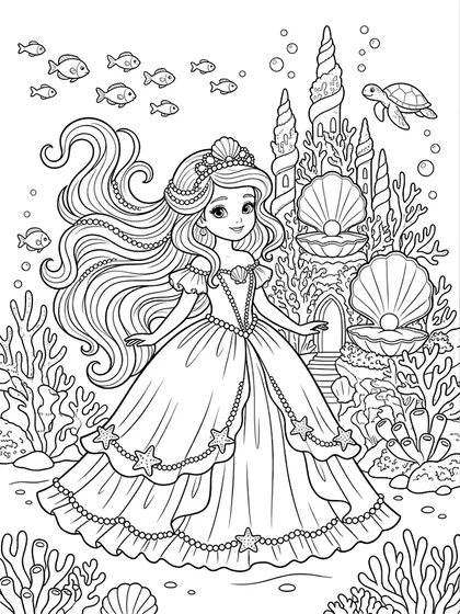 Black-and-white coloring line art of Princess Marina with coral reef pearl seashell palace