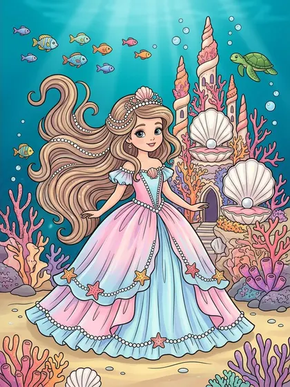 Color reference of Princess Marina in coral pink, seafoam aqua, mother-of-pearl, ocean blue