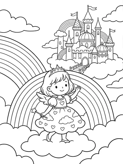 Black-and-white coloring line art of Princess Chloe with rainbow floating cloud palace and angel wings