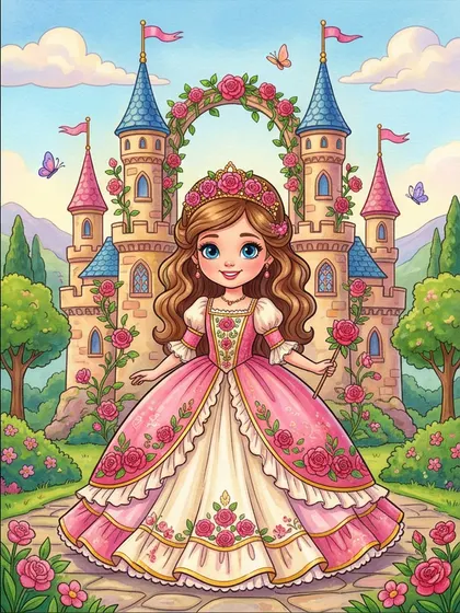Color reference of Princess Rosella in rose pink, crimson, gold, cream, emerald green