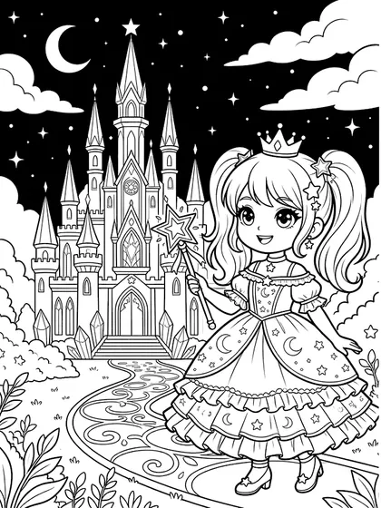 Black-and-white coloring line art of Princess Luna with starlight magic crystal castle and crescent moon
