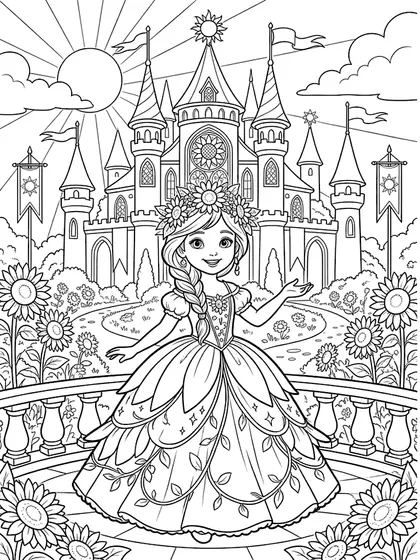 Black-and-white coloring line art of Princess Sunny with sunflower terrace and sunbeam castle