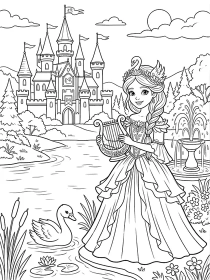 Black-and-white coloring line art of Princess Aria with swan lake floating palace and cygnet