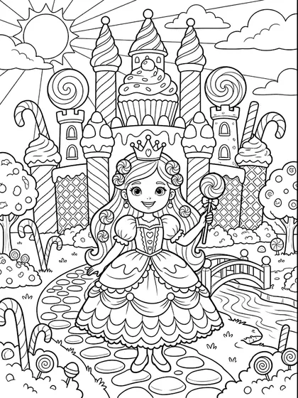 Black-and-white coloring line art of Princess Lolly with candy cane lollipop fantasy dessert castle
