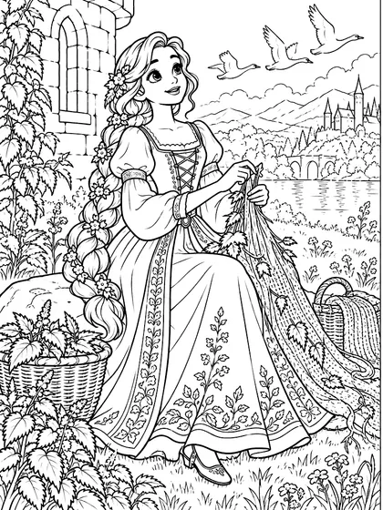 Black-and-white coloring line art of Wild Swans Princess with woven leaf cloak and lakeside swans castle