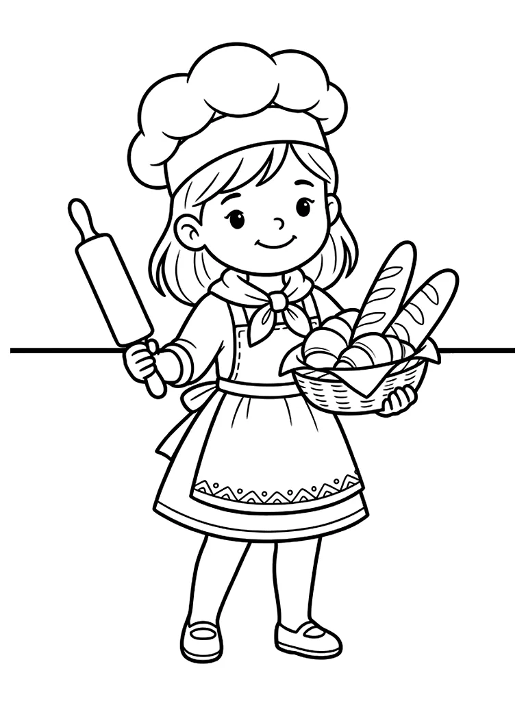 흰 배경에 제빵 모자, 리본 스카프, 앞치마, 나무 밀대, 빵 바구니를 갖춘 제빵사 클로이를 그린 흑백 색칠공부 선화