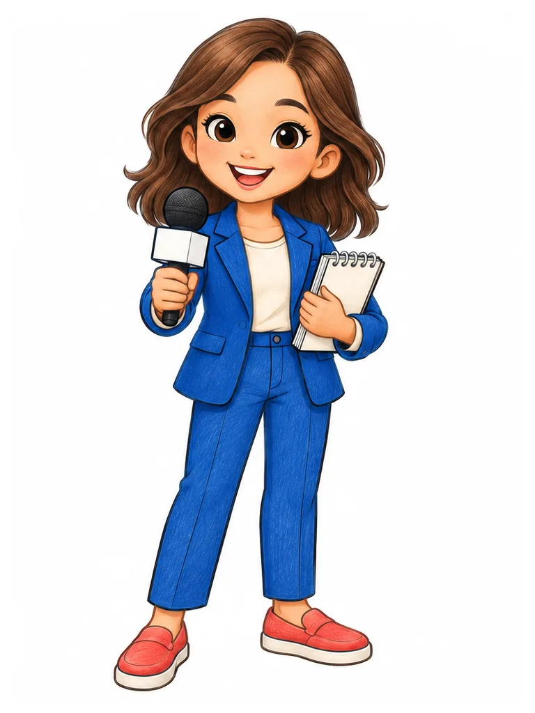 Color reference of Rina the News Reporter in cobalt blue, coral red, cream, charcoal on a white background