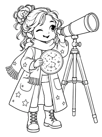 Dibujo en blanco y negro de astrónomo para colorear