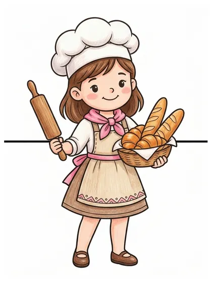 웜 베이지, 노릇한 브라운, 파스텔 핑크, 밀크 크림 배색으로 칠한 제빵사 클로이 컬러 참고본