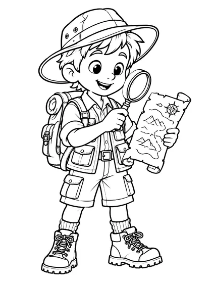 Dibujo en blanco y negro de arqueólogo para colorear, Indy, explorador