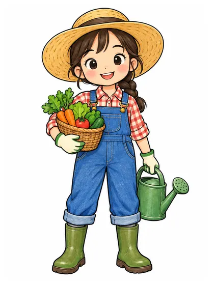 리프 그린, 데님 블루, 토마토 레드, 써니 옐로우 배색으로 칠한 농부 아름 컬러 참고본