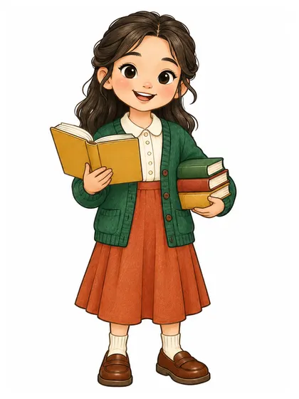 에메랄드 그린, 웜 머스터드, 브릭 레드, 크림 배색으로 칠한 사서 유나 컬러 참고본