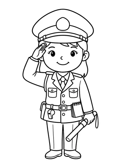 흰 배경에 남색 경찰 제복, 경찰모, 호루라기, 경광봉를 갖춘 경찰관 하나를 그린 흑백 색칠공부 선화