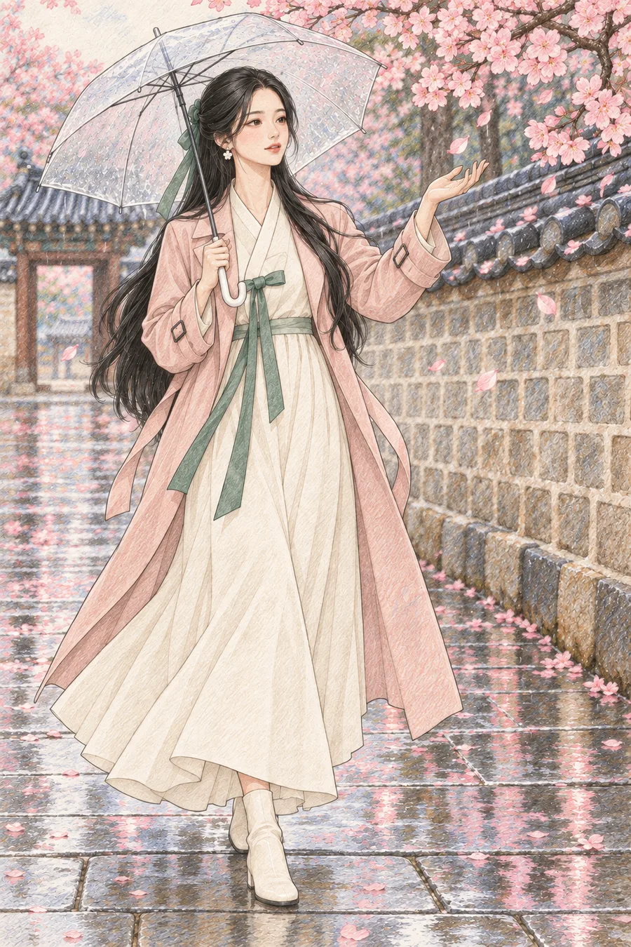 Colored-pencil rendering of haewon with very long black hair carrying a clear umbrella by a palace stone wall in cherry-blossom rain, preserving the original composition