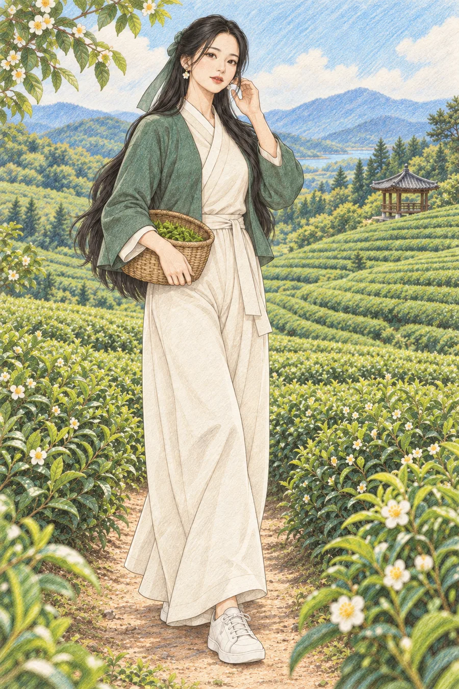 초록 차밭과 정자를 배경으로 찻잎 바구니를 든 긴 검은 머리의 해원을 원본 구도로 유지해 따뜻한 종이 질감과 겹친 색연필 선으로 다시 그린 일러스트