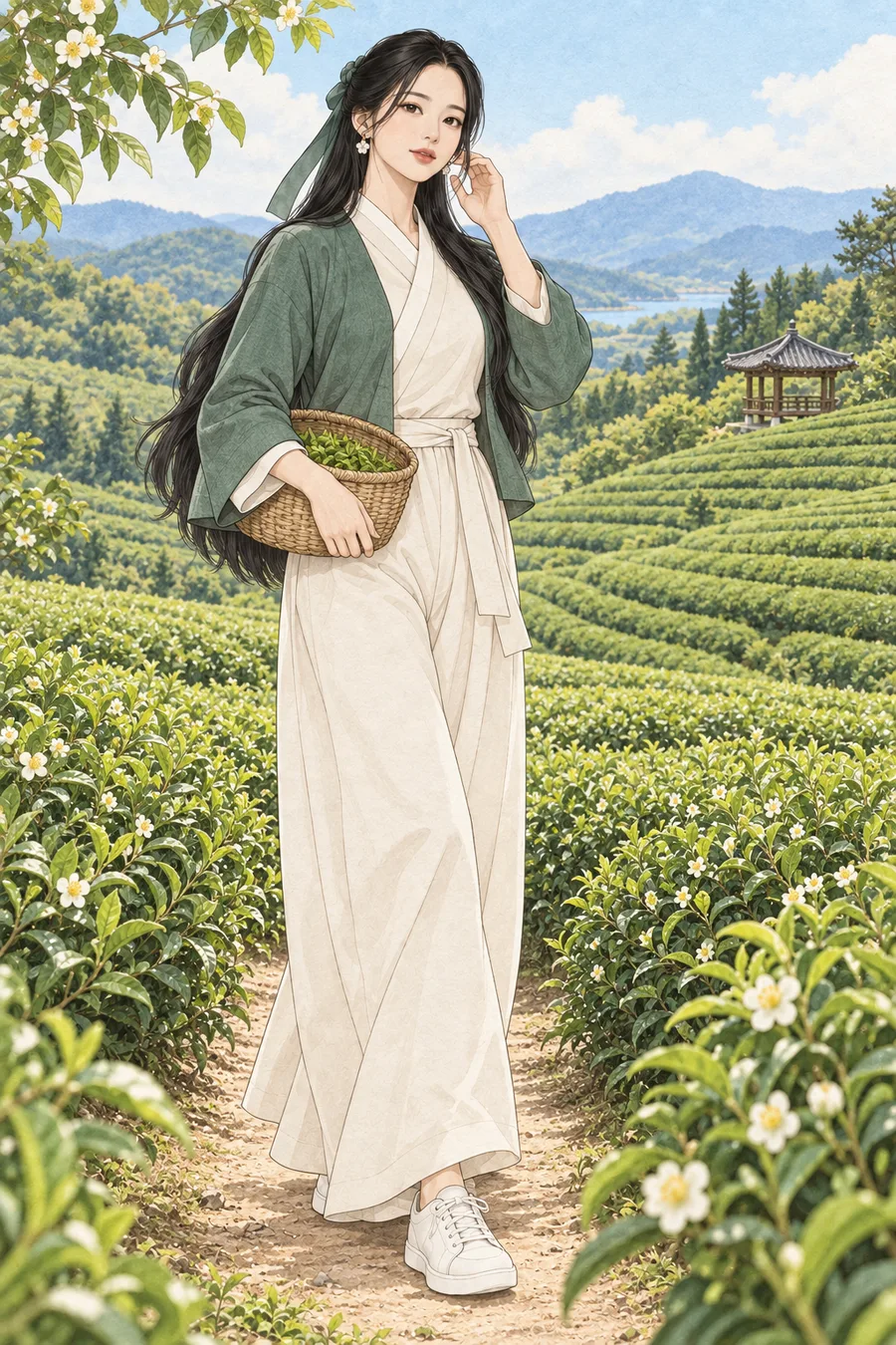 초록 차밭과 정자를 배경으로 찻잎 바구니를 든 긴 검은 머리의 해원