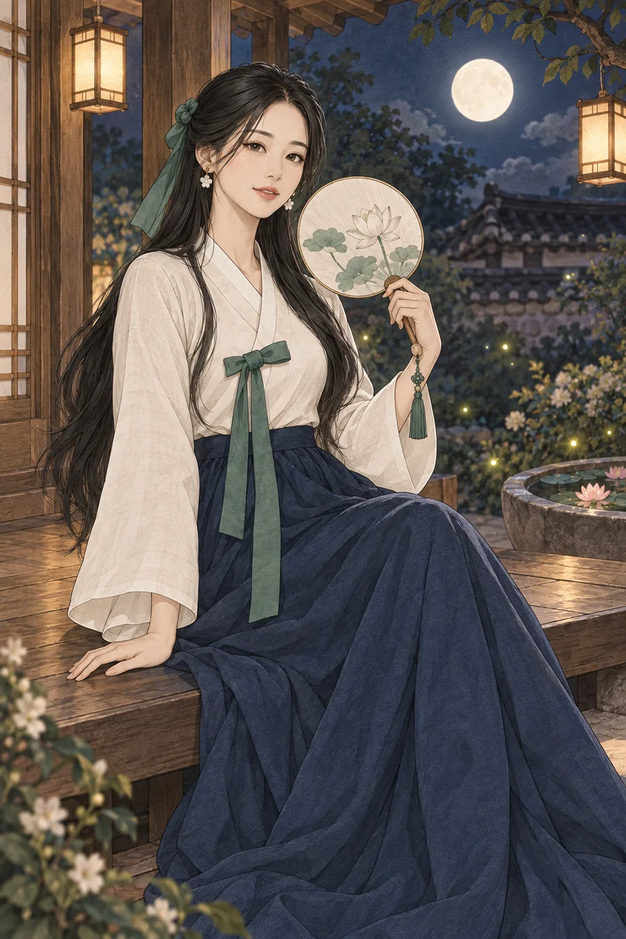 달과 한지등이 빛나는 여름 한옥 마루에서 둥근 부채를 든 긴 검은 머리의 해원