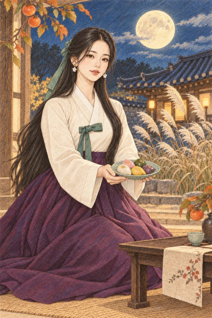 보름달과 억새가 보이는 한옥에서 송편 접시를 든 긴 검은 머리의 해원을 원본 구도로 유지해 따뜻한 종이 질감과 겹친 색연필 선으로 다시 그린 일러스트